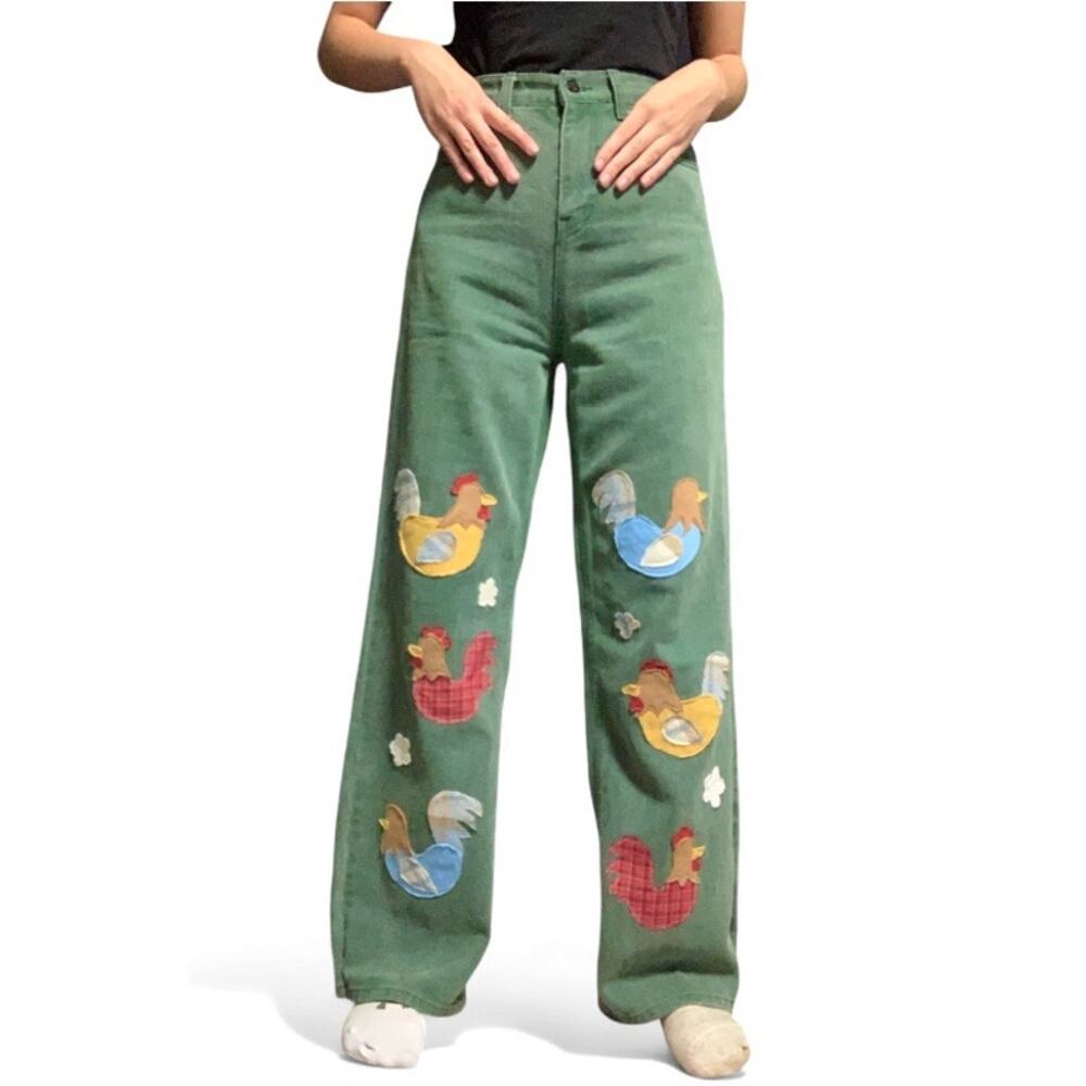Custom Upcycled Green Chicken Patchwork Jeans – Size 28”